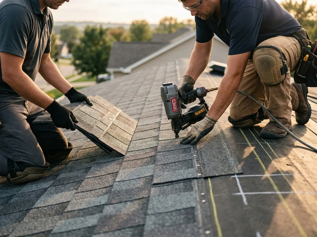 Professional roofer working on a residential roof in Shreveport